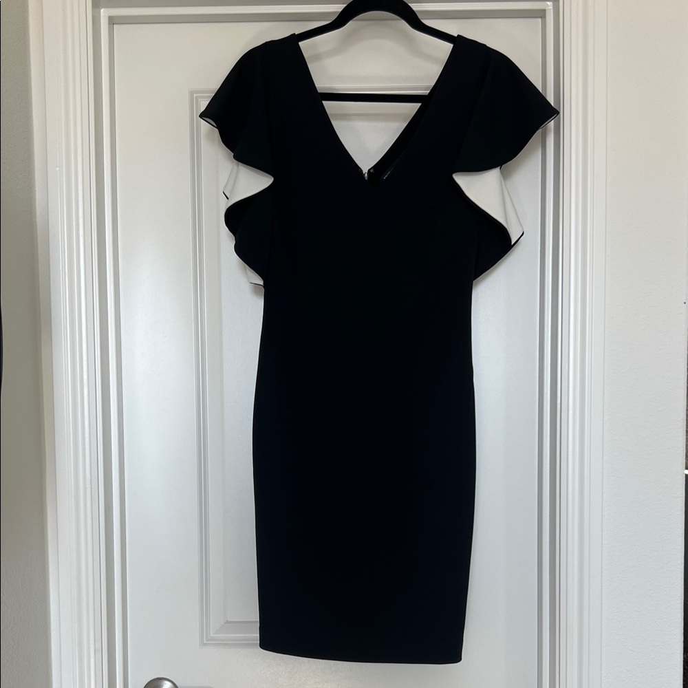 White House Black Market Black and White Ruffle Sleeve Midi Sheath Dress